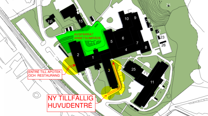 I januari kommer en ny tillfällig huvudentré att ersätta de alternativa entréer som nu används vid Avesta lasarett. Orangea skyltar kommer tydligt att visa var den nya huvudentrén finns..