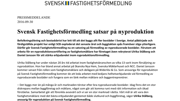 Svensk Fastighetsförmedling satsar på nyproduktion