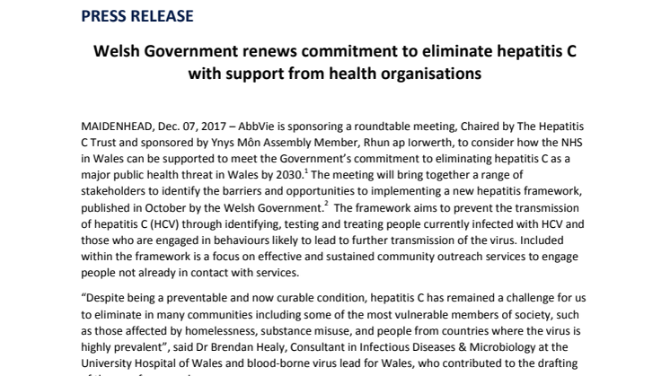 Welsh Government renews commitment to eliminate hepatitis C with support from health organisations