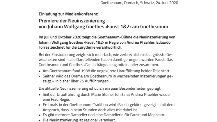 Medienkonferenz: Premiere der Neuinszenierung von Johann Wolfgang Goethes ‹Faust 1&2› am Goetheanum