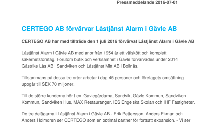 CERTEGO AB förvärvar Låstjänst Alarm i Gävle AB