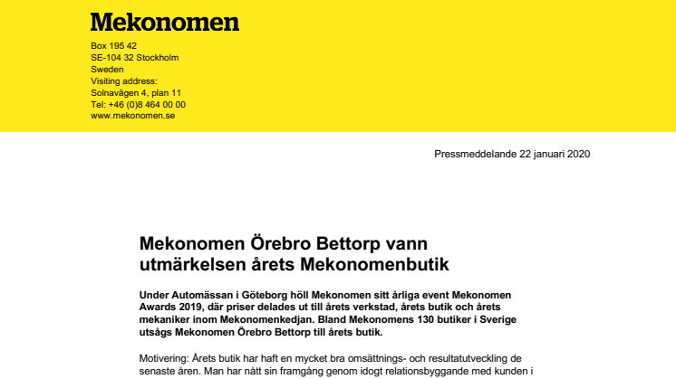 Mekonomen Örebro Bettorp vann utmärkelsen årets Mekonomenbutik