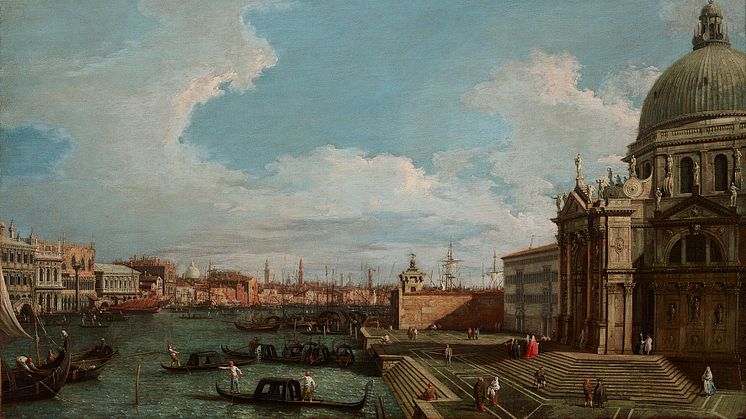 Maleri af CANALETTO, årstal 1745 - 1750. The Grand Canal towards the basin of San Marco and the Basilica della Salute. 