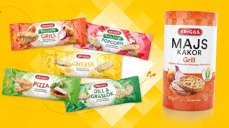 Smarta snackpacks med folkets favoriter – glutenfria majskakor från Friggs. Och med Friggs Majskakor Grill kan du njuta av ”grillat” året om – garanterat utan grillförbud.