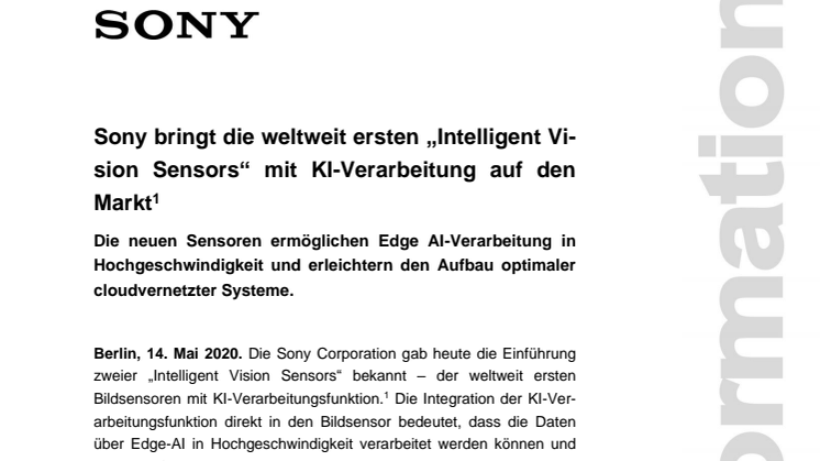 Sony bringt die weltweit ersten „Intelligent Vision Sensors“ mit KI-Verarbeitung auf den Markt