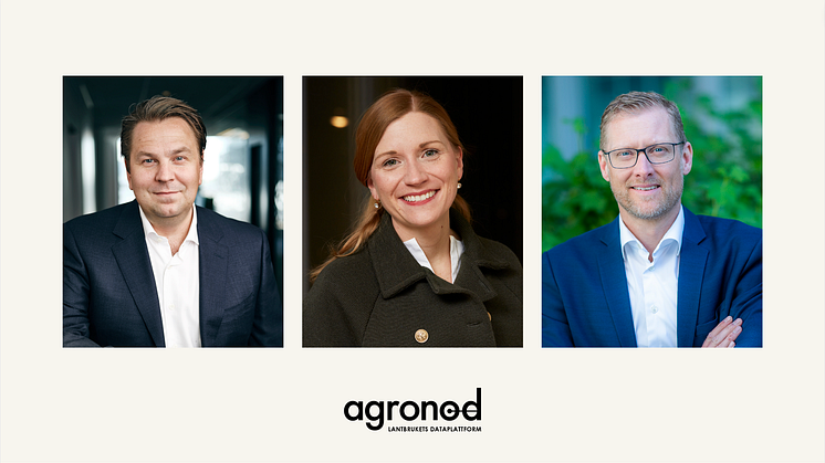 Arla Sverige och HKScan Sverige kliver in som två nya ägare i Agronod. På bilden: Kai Gyllström vd Arla Sverige, Emilia Liljeström vd Agronod, Lars Appelqvist vd HKScan Sverige.