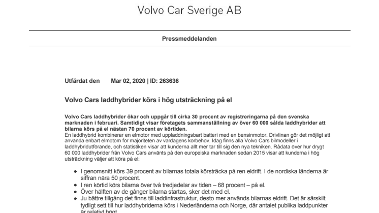 Volvo Cars laddhybrider körs i hög utsträckning på el
