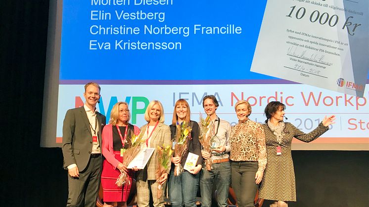 Victor Mannerholm-Hammar - IFMA, Christine Norberg-Francille  & Eva Kristensson - Sodexo, Elin Vestberg & Morten Diesen - Lingio, Karin Adelsköld - prisutdelare, Karin Ståhl - IFMA 