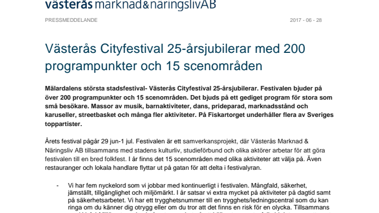 Västerås Cityfestival 25-årsjubilerar med 200 programpunkter och 15 scenområden