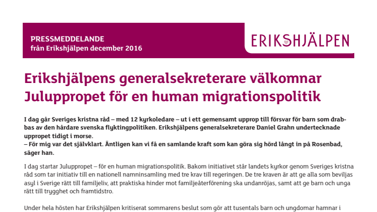 Erikshjälpens generalsekreterare välkomnar Juluppropet för en human migrationspolitik