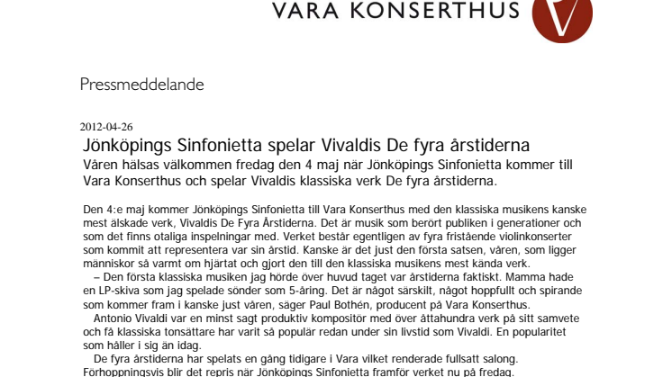 Jönköpings Sinfonietta spelar Vivaldis De fyra årstiderna