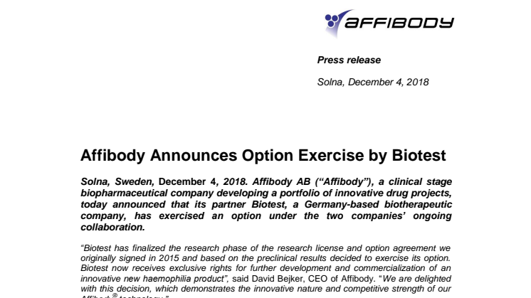 Affibody Announces Option Exercise by Biotest