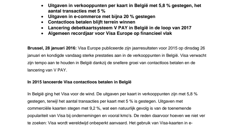 Visa Europe blijft sneller groeien in België, mede dankzij de lancering van contactloos betalen