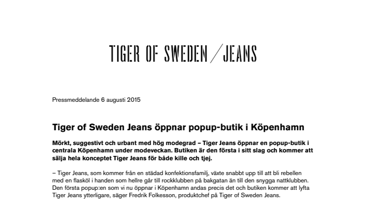 Tiger of Sweden Jeans öppnar popup-butik i Köpenhamn