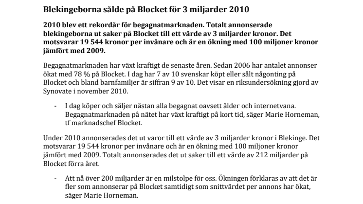 Blekingeborna sålde på Blocket för 3 miljarder 2010