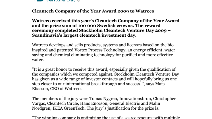 Cleantech Company of the Year Award 2009 to Watreco at  Stockholm Cleantech Venture Day 2009