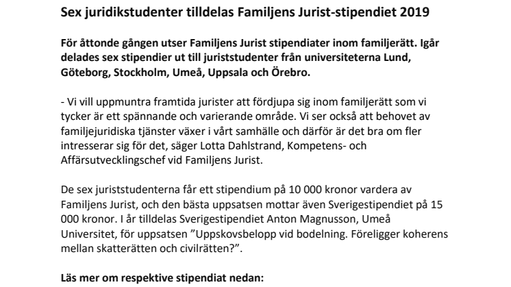 Sex juridikstudenter tilldelas Familjens Jurist-stipendiet 2019