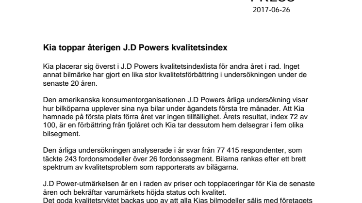 Kia toppar återigen J.D Powers kvalitetsindex