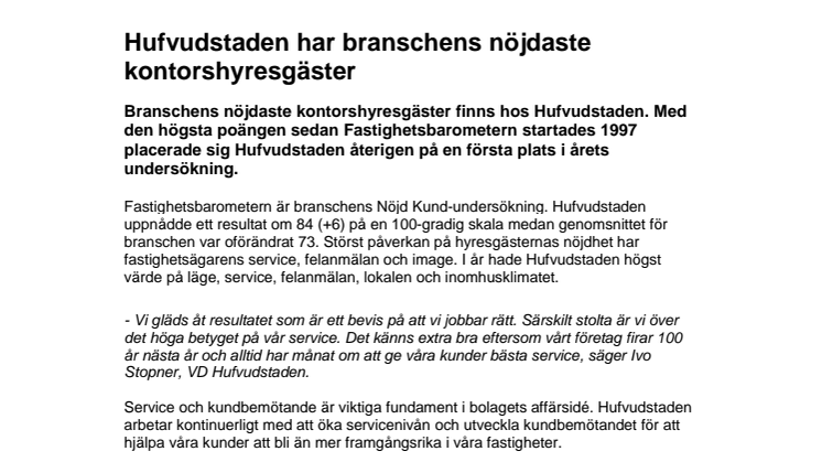 Hufvudstaden har branschens nöjdaste kontorshyresgäster