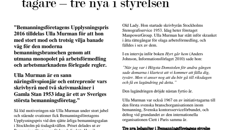 Bemanningsföretagens årsmöte och gala: Ulla Murman Upplysningspristagare – tre nya i styrelsen