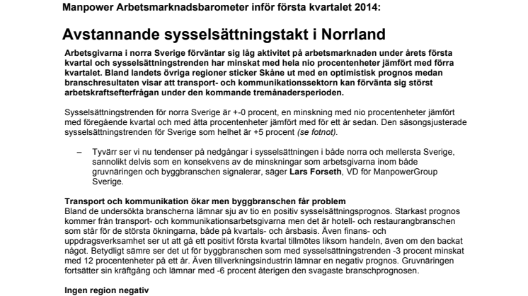 Avstannande sysselsättningstakt i Norrland
