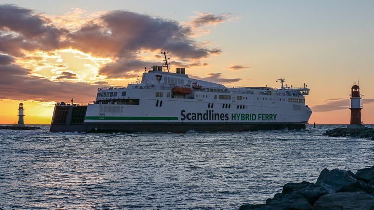 M/V Berlin at Warnemünde sunset