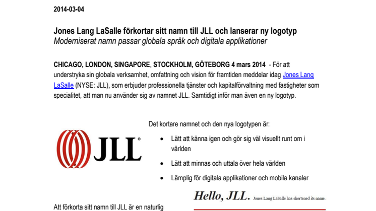 Jones Lang LaSalle förkortar sitt namn till JLL och lanserar ny logotyp 