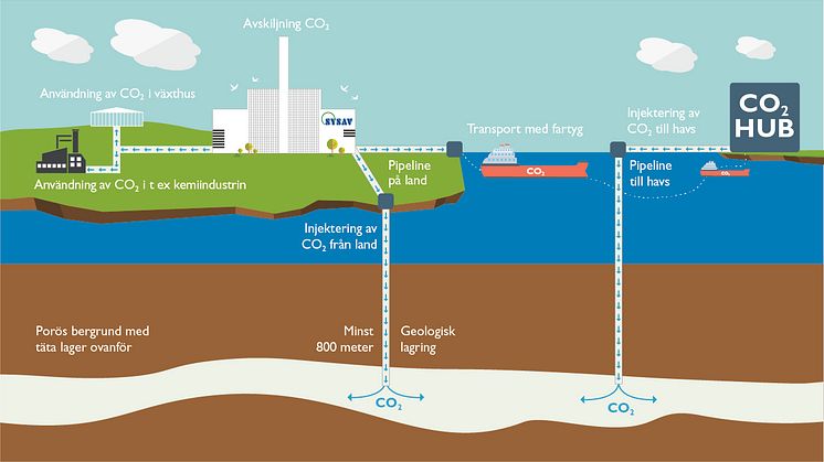 CCS - flödesbild med alternativ för transport, användning och lagring av koldioxid.