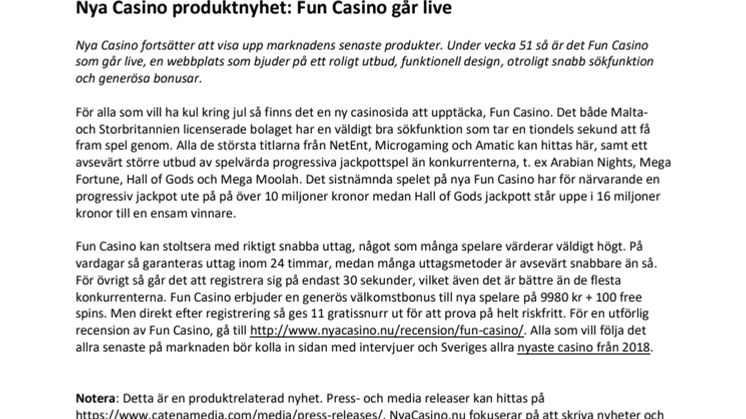 Nya Casino produktnyhet: Fun Casino går live