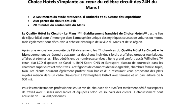 Choice Hotels s’implante au cœur du célèbre circuit des 24H du Mans !
