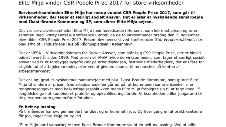 Elite Miljø vinder CSR People Prize 2017 for store virksomheder