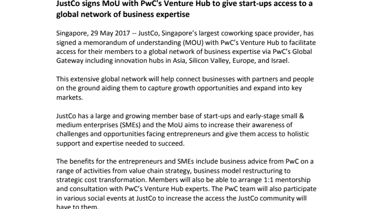 JustCo signs MoU with PwC's Venture Hub to give start-ups access to a global network of business expertise