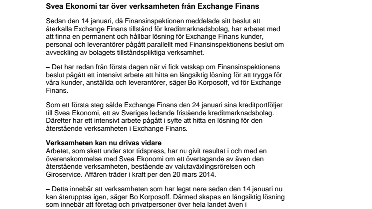 Svea Ekonomi tar över verksamheten från Exchange Finans