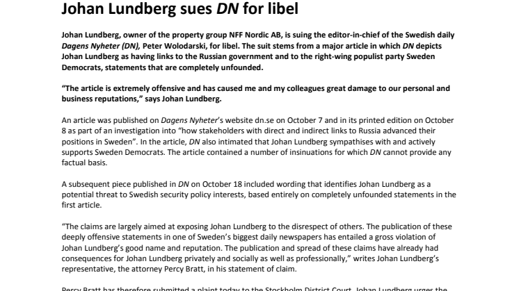 Johan Lundberg sues DN for libel