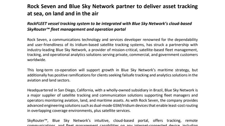 Rock Seven and Blue Sky Network partner to deliver asset tracking at sea, on land and in the air 