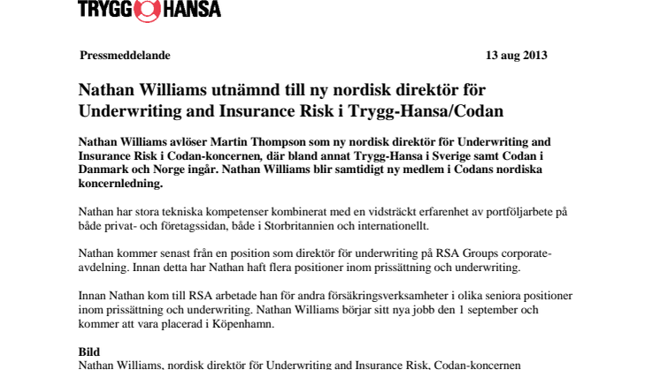 Nathan Williams utnämnd till ny nordisk direktör för Underwriting and Insurance Risk i Trygg-Hansa/Codan