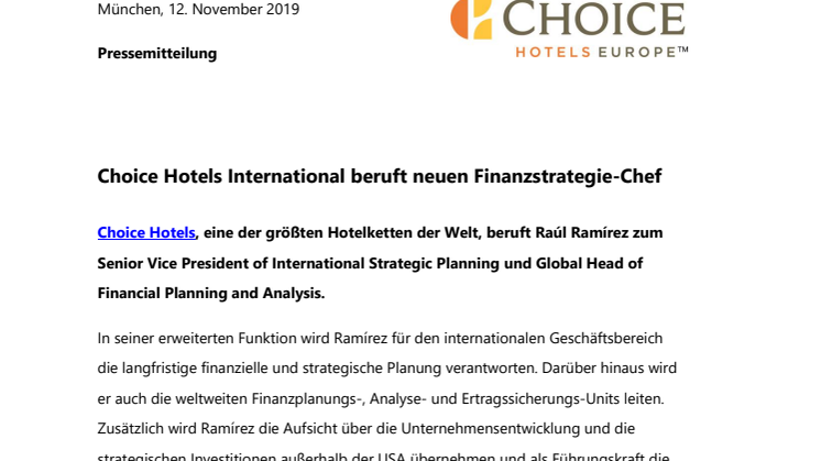 Choice Hotels International beruft neuen Finanzstrategie-Chef 