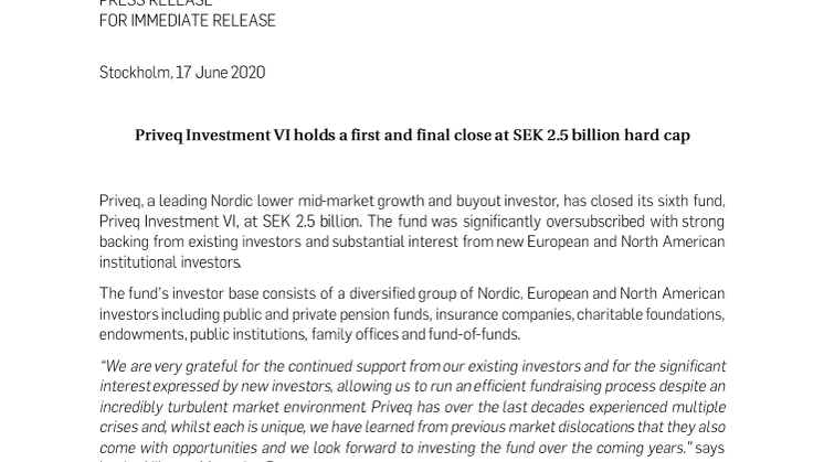 Priveq Investment VI holds a first and final close at SEK 2.5 billion hard cap