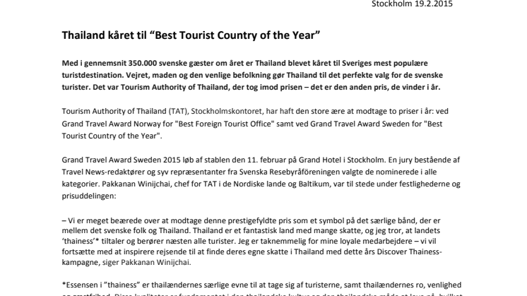 Thailand kåret til “Best Tourist Country of the Year”