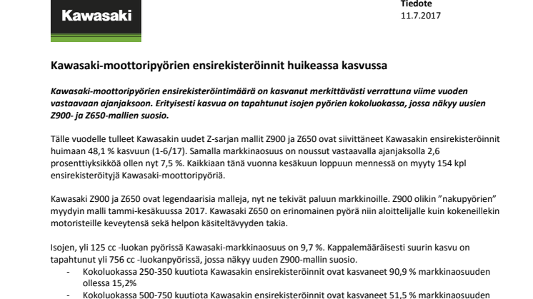 Kawasaki-moottoripyörien ensirekisteröinnit huikeassa kasvussa