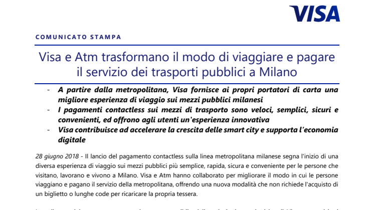 Visa e Atm trasformano il modo di viaggiare e pagare il servizio dei trasporti pubblici a Milano