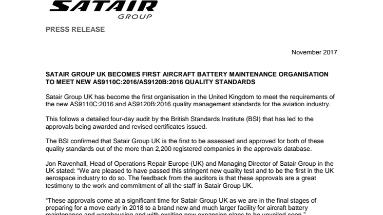 Satair Group UK becomes first aircraft battery maintanance organisation to meet new AS9110C:2016/AS9120B:2016 quality standards