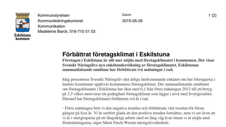 Förbättrat företagsklimat i Eskilstuna