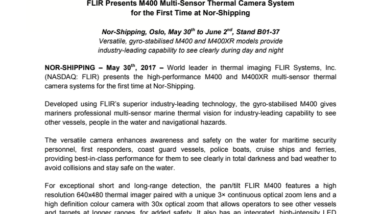 FLIR Presents M400 Multi-Sensor Thermal Camera System for the First Time at Nor-Shipping