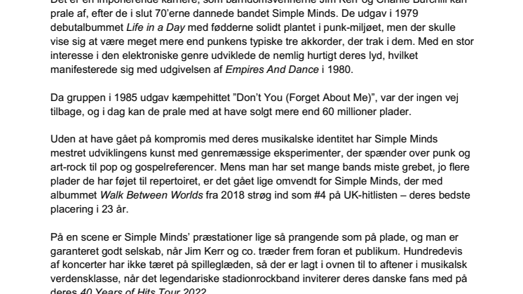 Simple Minds fejrer 40-års jubilæum med to koncerter på dansk grund