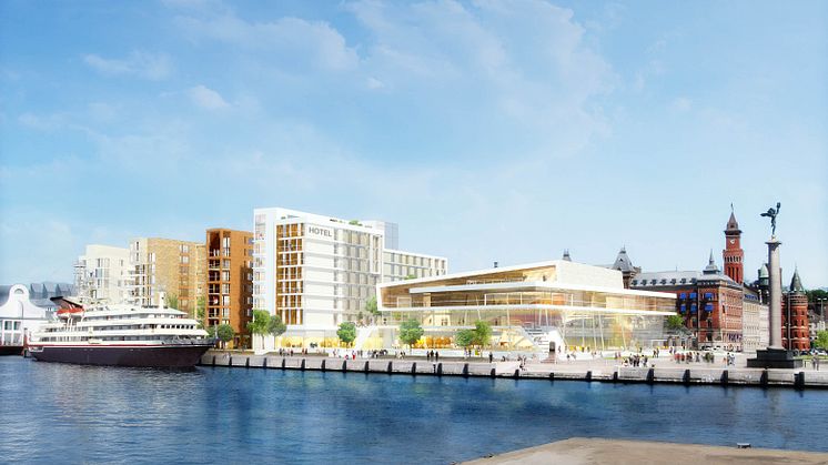 Den nya kongressanläggningen får ett exklusivt läge i Helsingborgs centrum med utsikt över Öresund och Danmark. Bild: Midroc Property Development AB Arkitekt: Jais arkitekter.