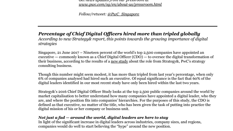 Percentage of Chief Digital Officers hired more than tripled globally