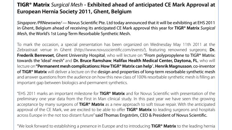 TIGR® Matrix Surgical Mesh – Exhibited ahead of anticipated CE Mark Approval at European Hernia Society 2011, Ghent, Belgium