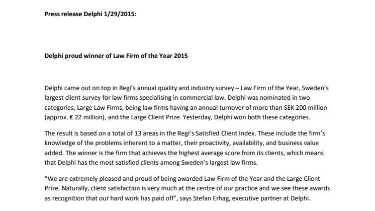 Delphi proud winner of Law Firm of the Year 2015 