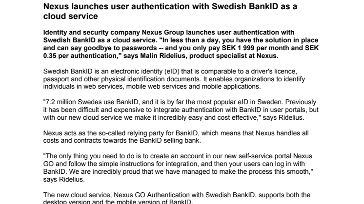Nexus launches user authentication with Swedish BankID as a cloud service